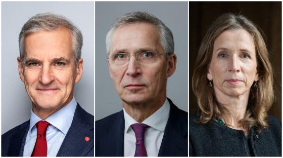 Statsminister Jonas Gahr Støre, finansminister Jens Stoltenberg og justis- og beredskapsminister Astri Aas-Hansen (Foto: NTB Kommunikasjon, Statsministerens kontor / Torgeir Haugaard, Forsvaret / Kunnskapsdepartementet, Martin Siewartz Nielsen)