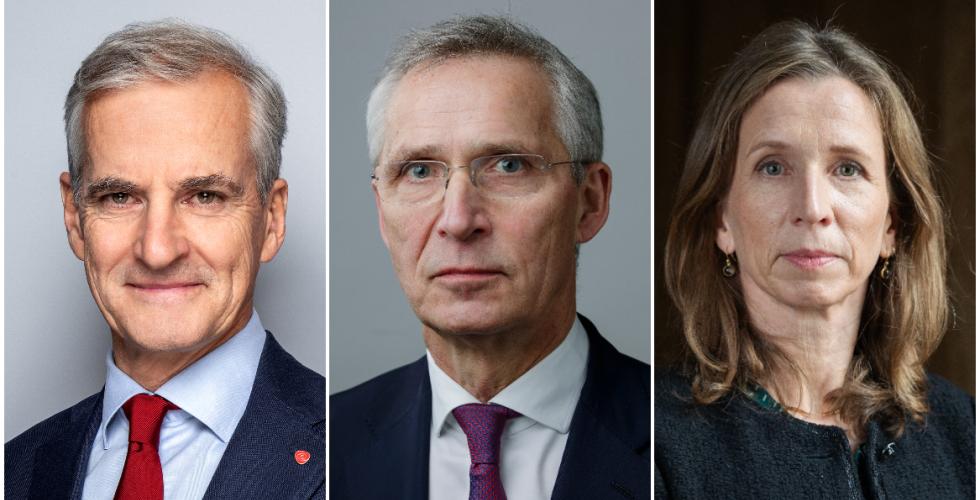 Statsminister Jonas Gahr Støre, finansminister Jens Stoltenberg og justis- og beredskapsminister Astri Aas-Hansen (Foto: NTB Kommunikasjon, Statsministerens kontor / Torgeir Haugaard, Forsvaret / Kunnskapsdepartementet, Martin Siewartz Nielsen)